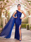 One shoulder royal blue sequin maxi dress with shawl