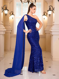 One shoulder royal blue dress with sequin detailing