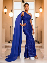 Formal royal blue sequin dress with long shawl