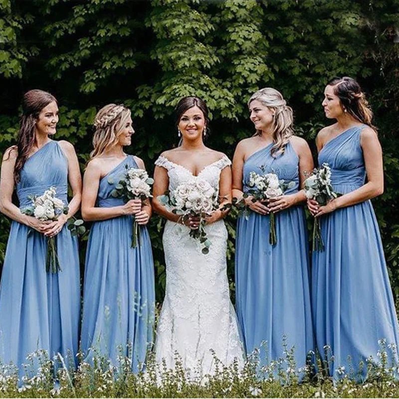 One Shoulder Sky Blue Chiffon Bridesmaid Dress