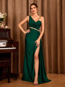 Dark Green One - shoulder V - neck sequin Belt Bridesmaid dress L