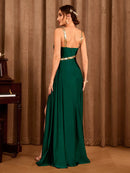 Dark Green One - shoulder V - neck sequin Belt Bridesmaid dress L