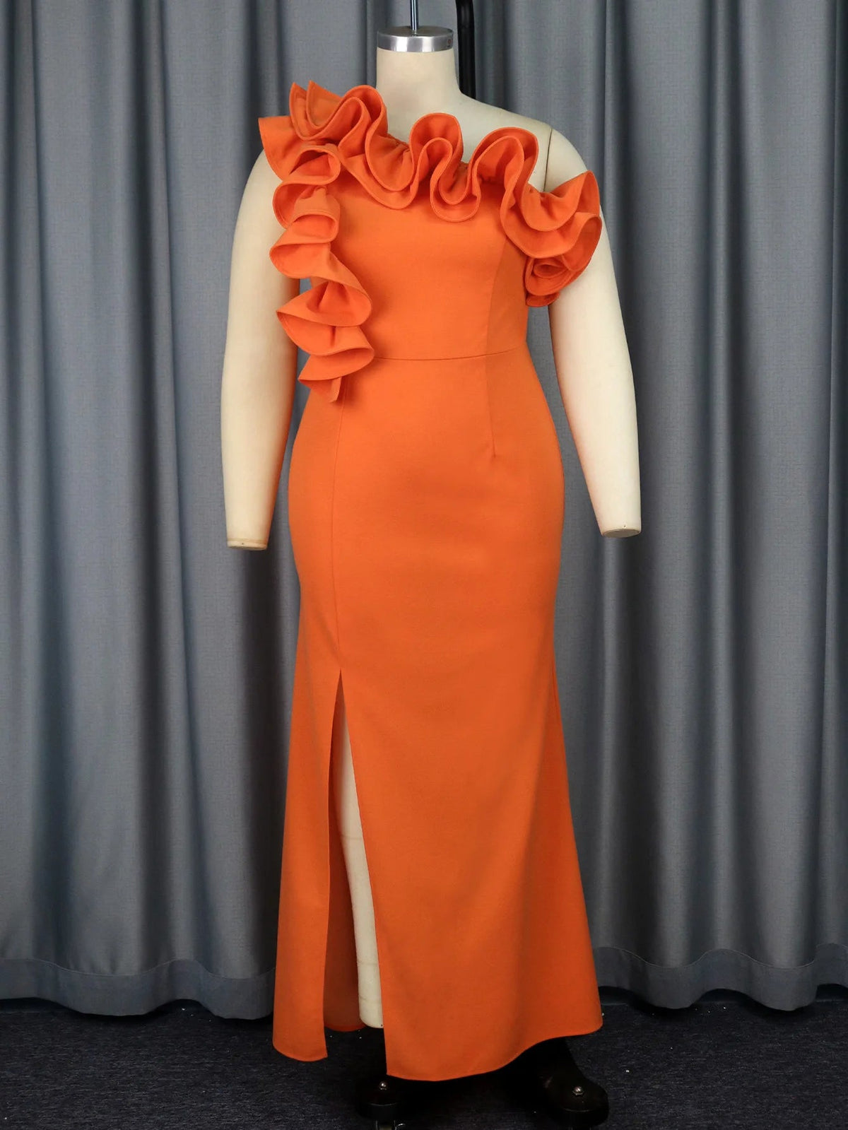 Orange One-Shoulder Mermaid Dress with Side Split