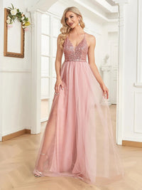 Elegant pink A-line tulle skirt formal gown, size medium, by [Brand Name].