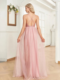 Pink A-line tulle skirt evening gown, elegant formal wear, size M.