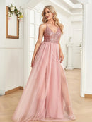 Elegant pink A-line tulle skirt evening gown, formal wear, size options available.