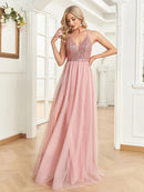 Pink A-line tulle skirt evening gown, elegant design, size M.