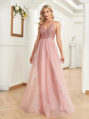 Pink A-line tulle skirt formal gown with elegant flow, size S.