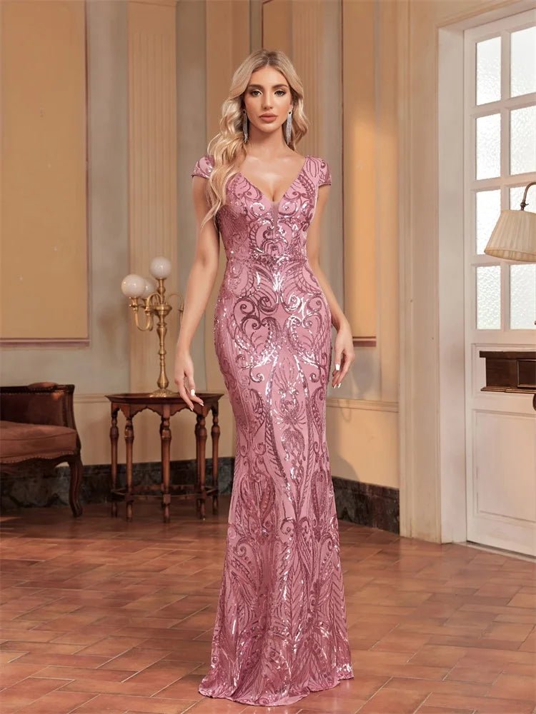 Pink Sequin Deep V-Neck Mermaid Evening Dress