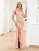 Pink sequin mermaid formal dress with high slit, size M, elegant design.