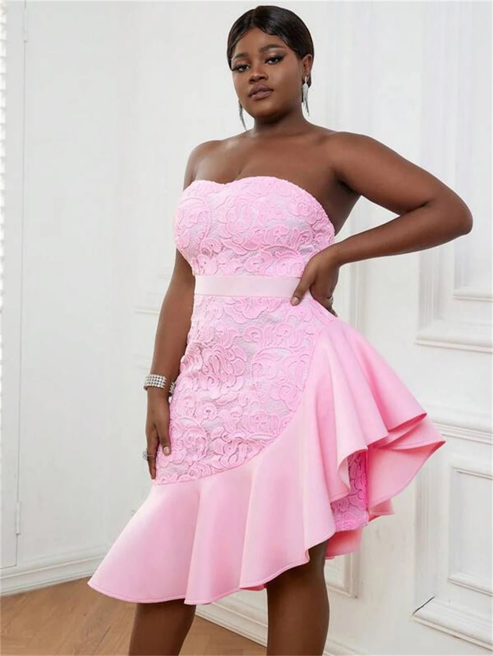 Pink Strapless Asymmetrical Sexy Tea Length Dress