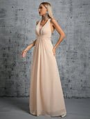 Champagne Pleated Back Tie With Bow Chiffon Bridesmaid Dress XL