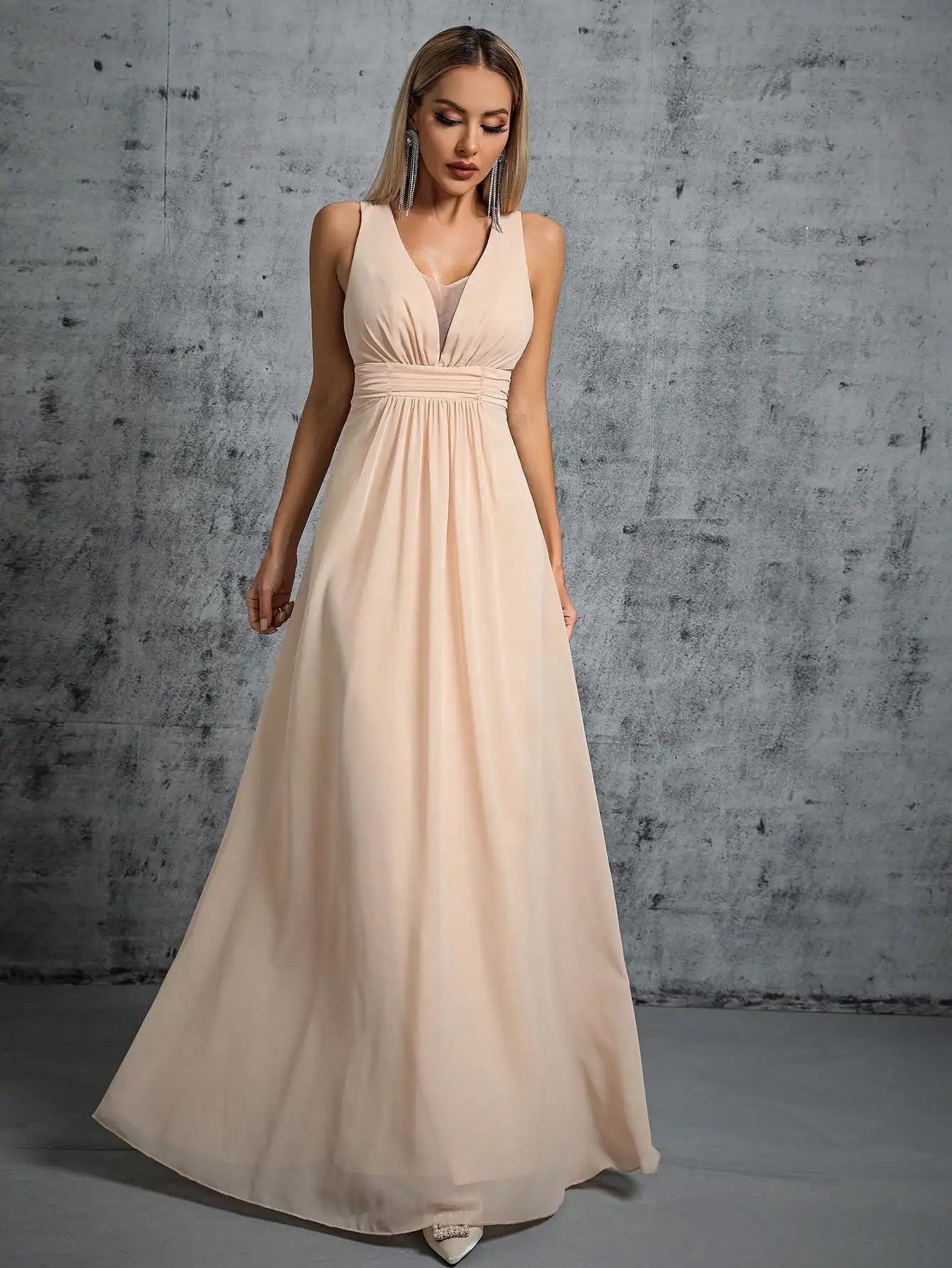 Pleated Back Tie With Bow Chiffon  Bridesmaid Dress