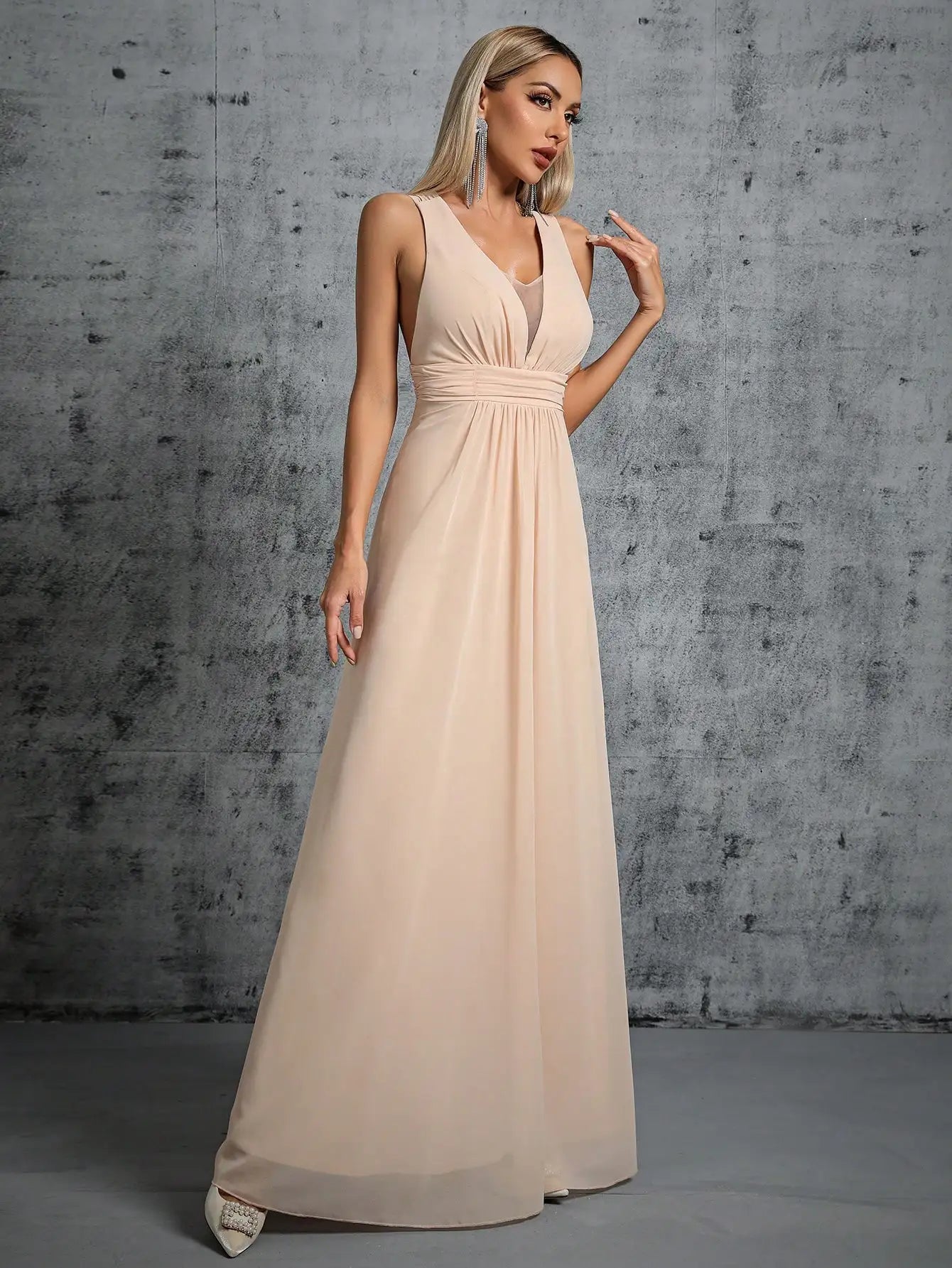 Champagne Pleated Back Tie With Bow Chiffon Bridesmaid Dress XL