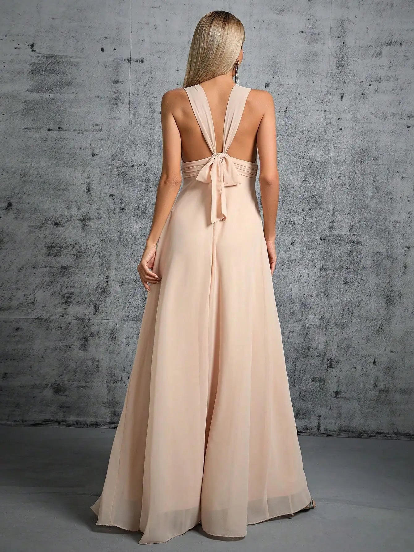 Pleated Back Tie With Bow Chiffon  Bridesmaid Dress