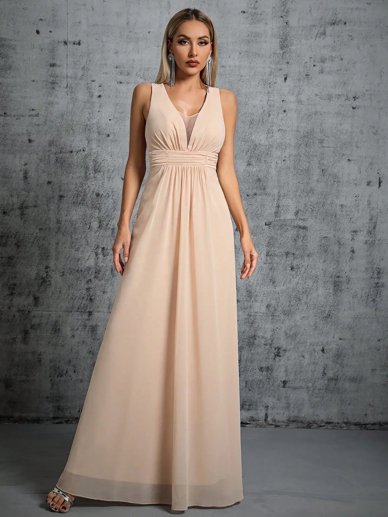 Champagne Pleated Back Tie With Bow Chiffon Bridesmaid Dress XL