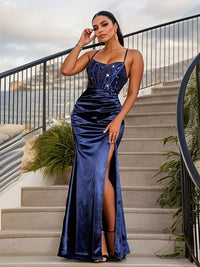 Navy Blue Pleated Elegant Satin Formal Evening Dress 8