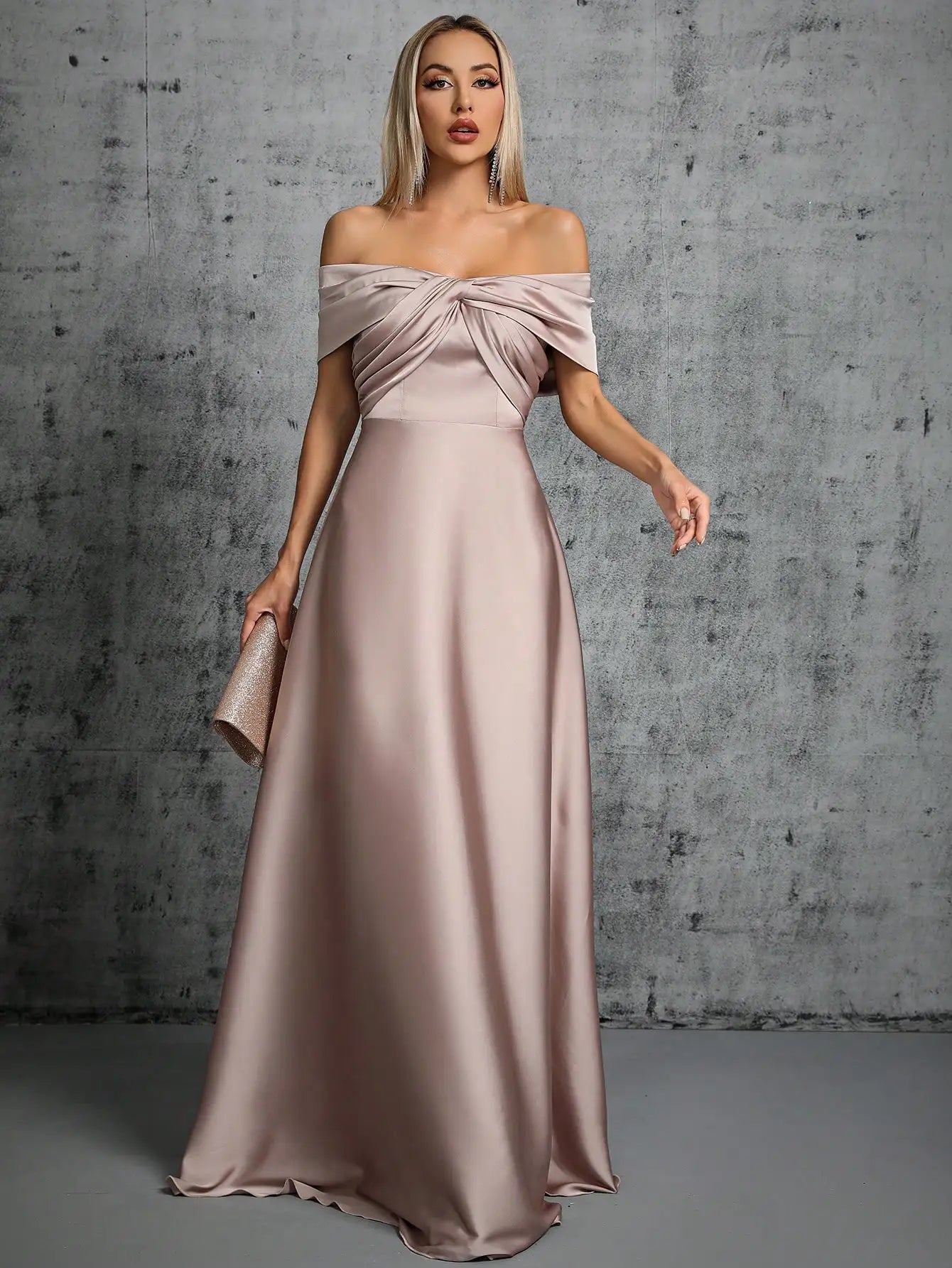 Pleated Off The Shoulder Satin Bridesmaid Dress