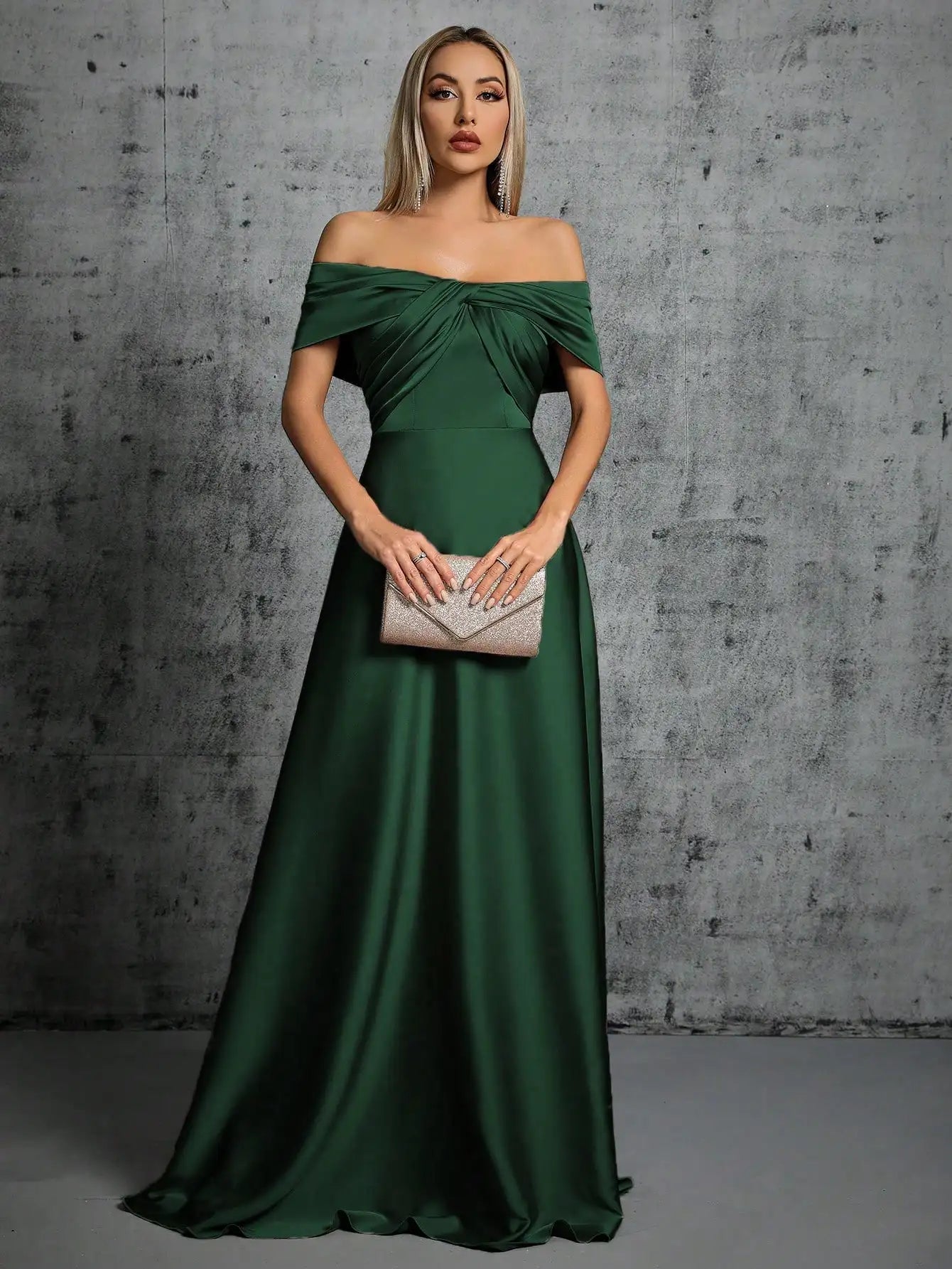 Dark Green Pleated Off The Shoulder Satin Bridesmaid Dress XL