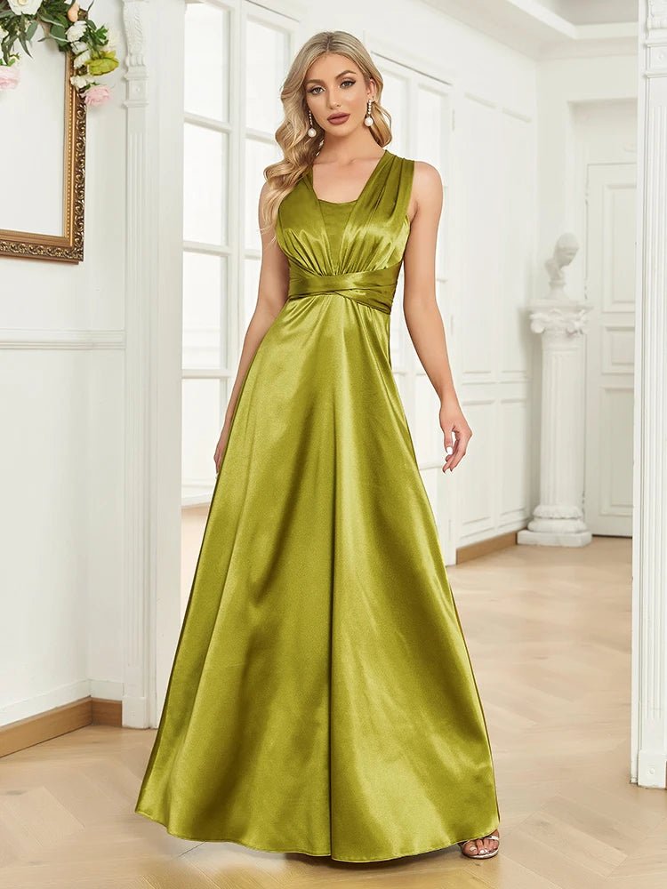 Pleated Ribbon Sleeveless Satin Formal Gown