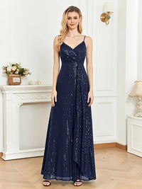 Elegant navy blue formal dress with pleated spaghetti straps and V-neck.