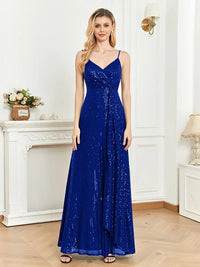 Elegant navy blue pleated formal dress with spaghetti straps and sequins.