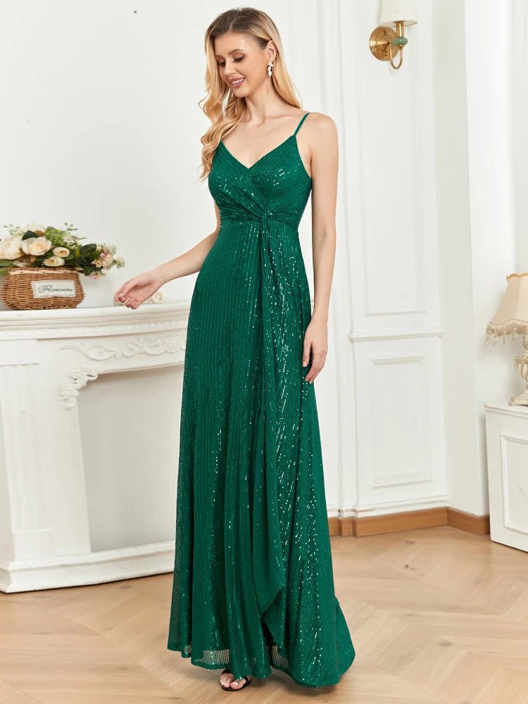 Pleated Spaghetti Straps V-Neck Sequins Formal Dress