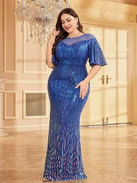 Plus-size dusty navy short sleeve sequin formal dress, elegant design.