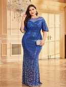 Alt text: "Plus-size dusty navy short sleeve sequin formal dress, elegant design."