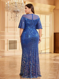 Plus-size dusty navy sequin dress with short sleeves, formal style.