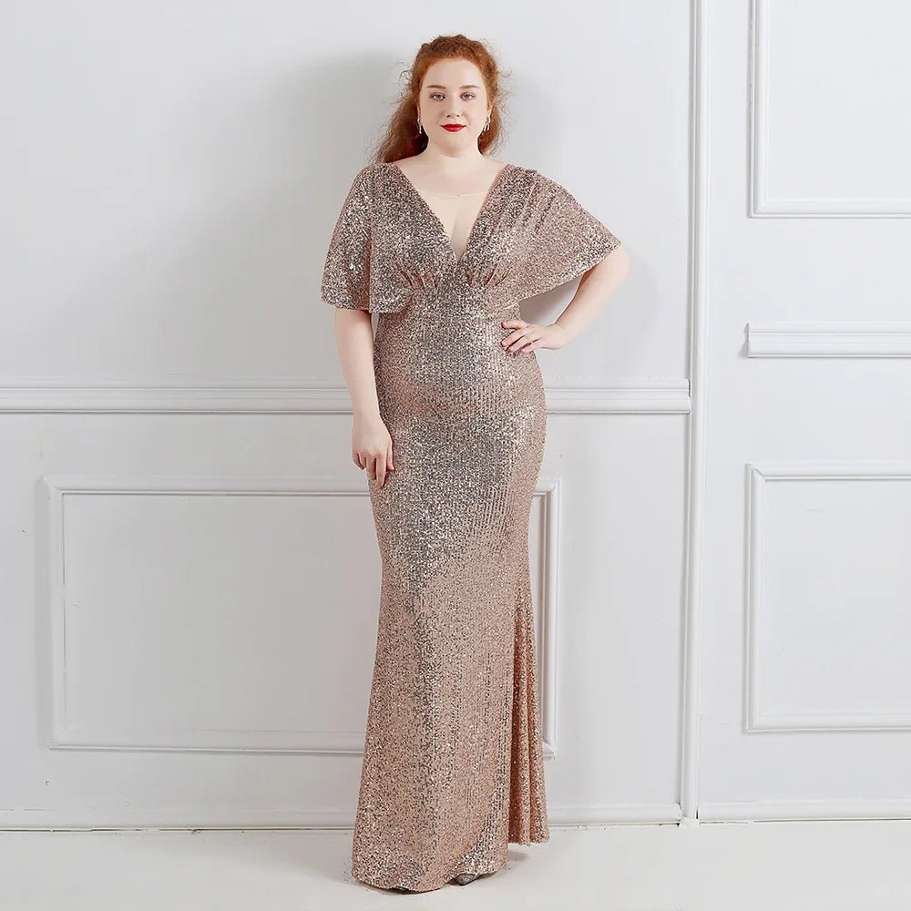 Plus Size Gold Sequin Short Sleeve Formal Dress