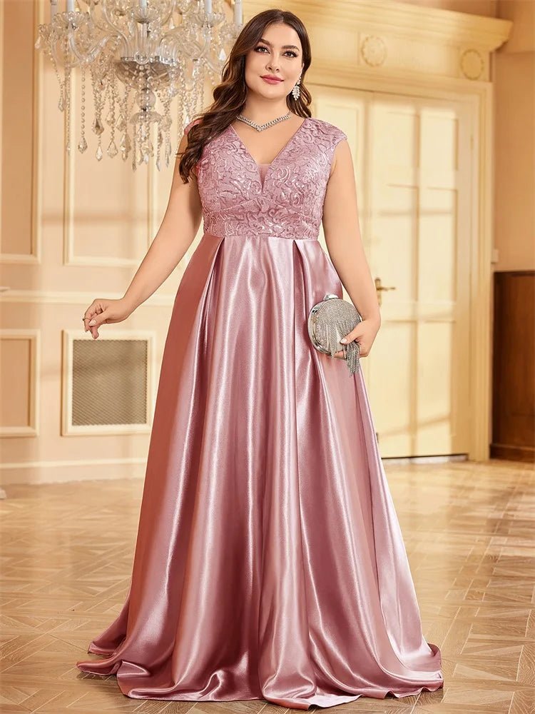 Plus Size Luxury Pink Satin V-Neck Evening Dress