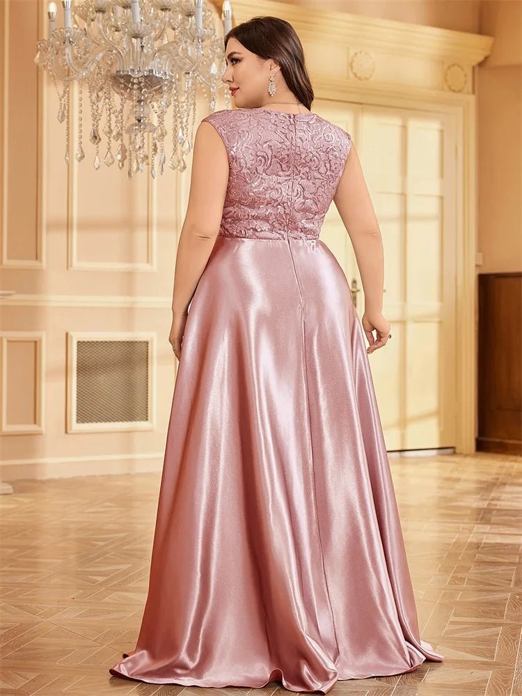 Plus Size Luxury Pink Satin V-Neck Evening Dress