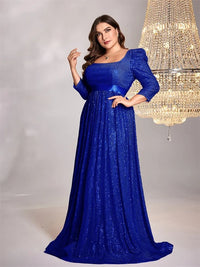 Royal blue plus-size long sleeve sequin formal dress, elegant design.