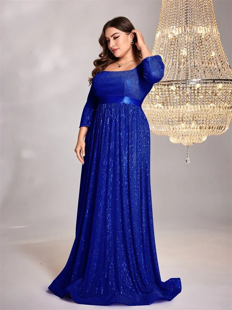 Plus-size royal blue long sleeve sequin formal dress, elegant and stylish.