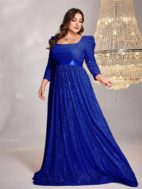 Royal blue plus-size long sleeve sequin formal dress, elegant design.