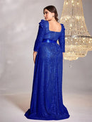 Royal blue plus-size long sleeve sequin formal dress, elegant design.