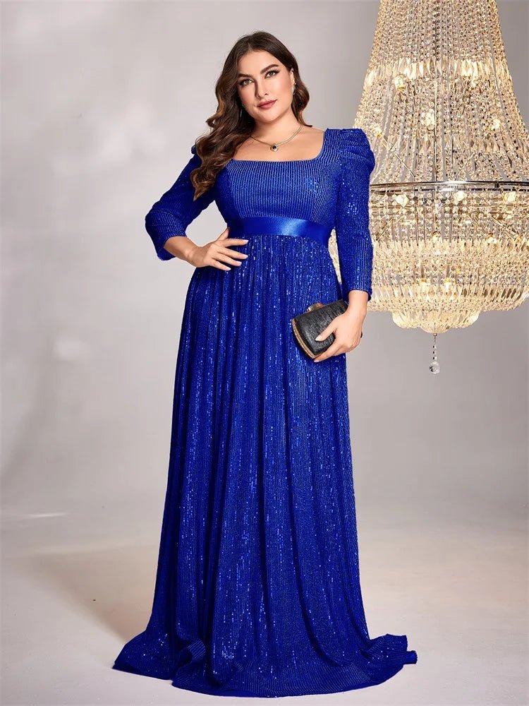 Plus-size royal blue long sleeve sequin formal dress, elegant design.