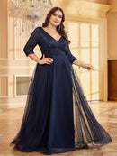 Navy Blue Plus Size Sequin Evening Dress Chiffon 3/4 Sleeve L