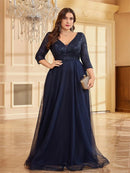 Navy Blue Plus Size Sequin Evening Dress Chiffon 3/4 Sleeve L