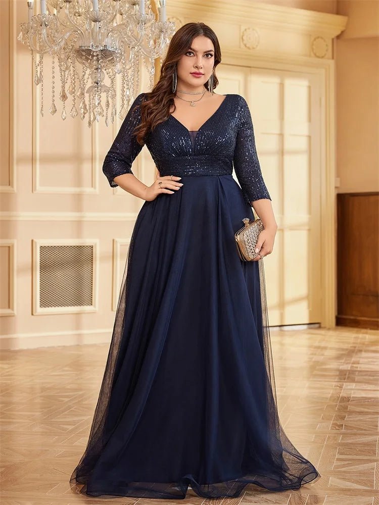 Navy Blue Plus Size Sequin Evening Dress Chiffon 3/4 Sleeve L