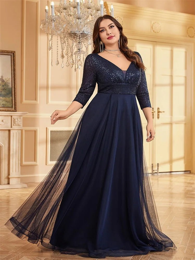 Navy Blue Plus Size Sequin Evening Dress Chiffon 3/4 Sleeve L