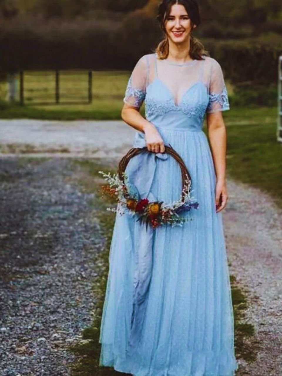 Plus Size Short Sleeve Light Blue Bridesmaid Dress