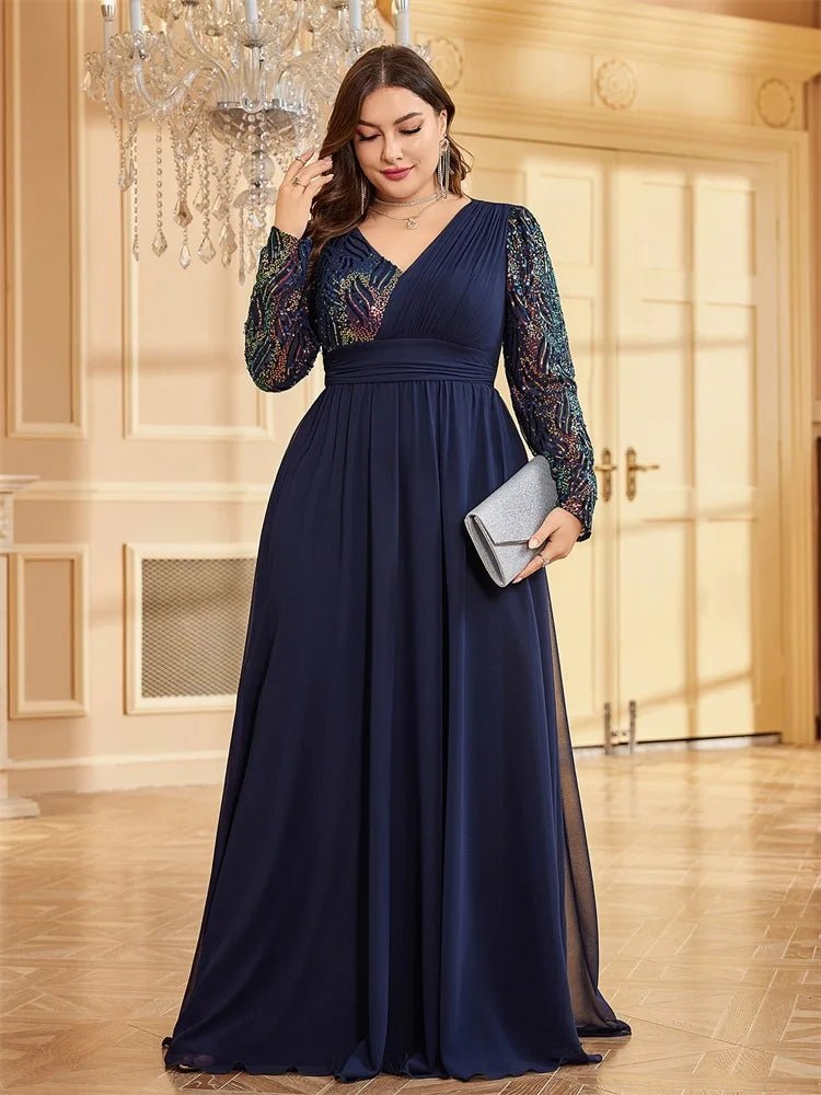 Navy Blue Plus Size V - Neck Long Sleeve Chiffon Formal Evening Dress S