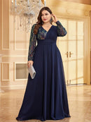 Navy Blue Plus Size V - Neck Long Sleeve Chiffon Formal Evening Dress S