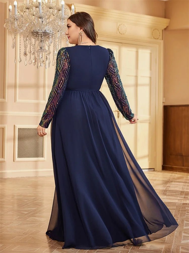 Plus Size V-Neck Long Sleeve Chiffon Formal Evening Dress