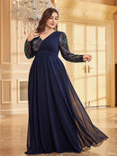 Navy Blue Plus Size V - Neck Long Sleeve Chiffon Formal Evening Dress 3XL