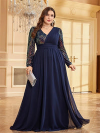 Navy Blue Plus Size V - Neck Long Sleeve Chiffon Formal Evening Dress 3XL