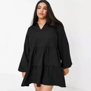 black Plus Size V - Neck Long Sleeve Loose Smocked Dress L