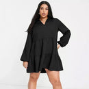 black Plus Size V - Neck Long Sleeve Loose Smocked Dress L